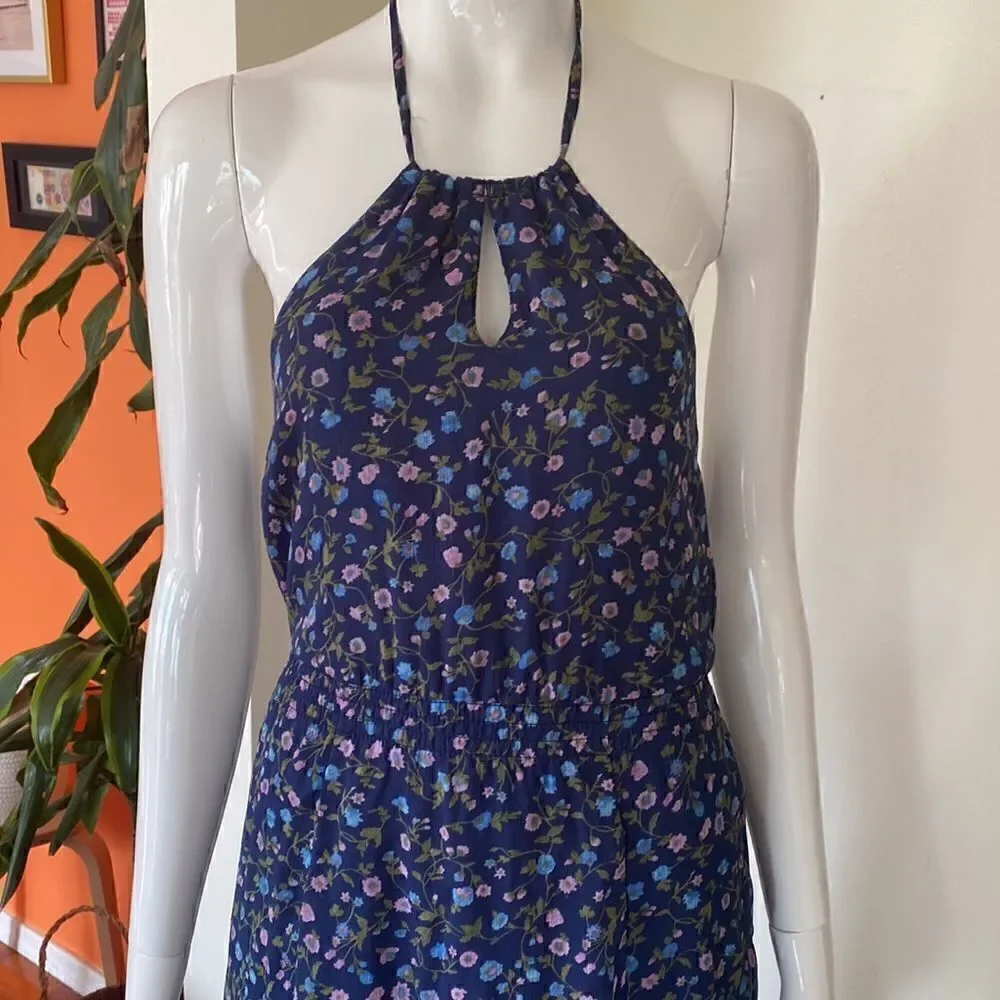 Abercrombie & Fitch Navy Halter Chiffon Floral High Low Hem Maxi Dress Size XS